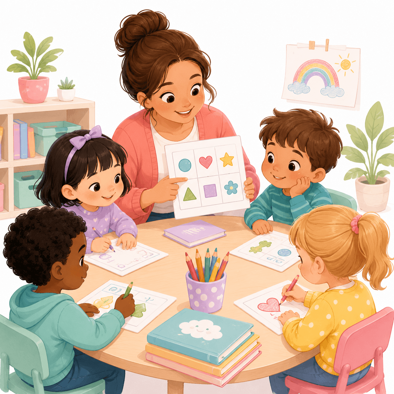 Una educadora trabajando con un grupo de niños en el aula