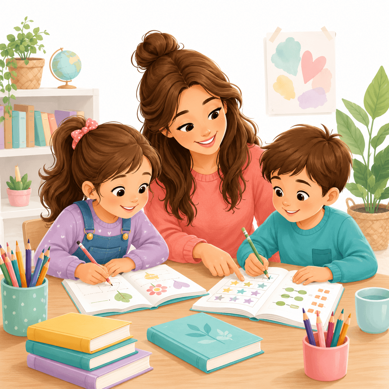 Una familia haciendo homeschool en la mesa de casa
