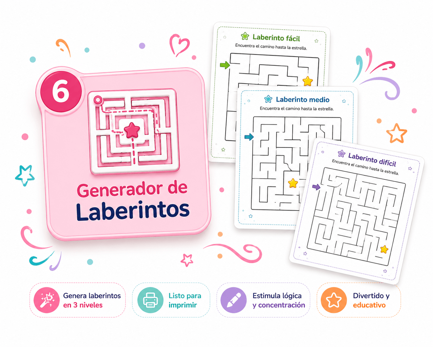 Generador de Laberintos con hojas de ejemplo en distintos niveles de dificultad