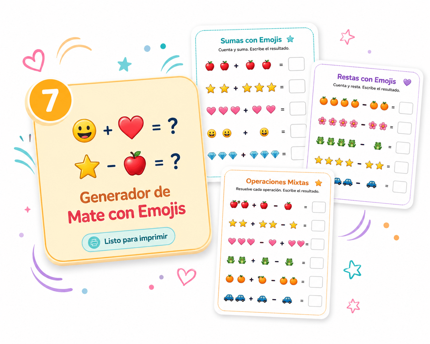 Generador de Matemáticas con Emojis con hojas de sumas y restas ilustradas