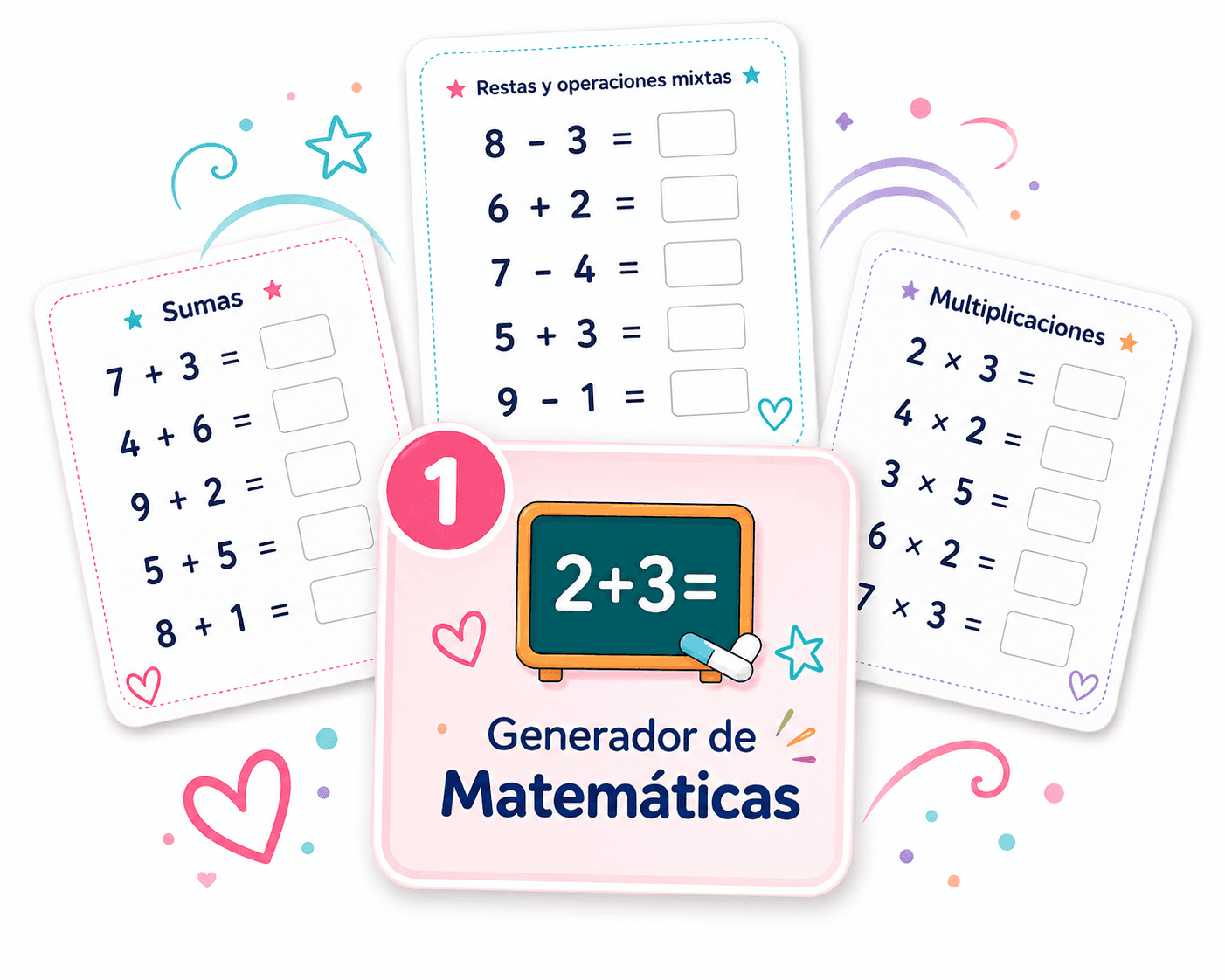 Generador de Matemáticas con hojas de sumas, restas y multiplicaciones de ejemplo