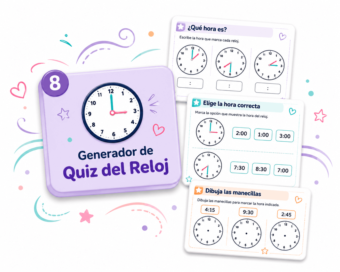 Generador de Quiz del Reloj con hojas de ejemplo para leer y dibujar la hora