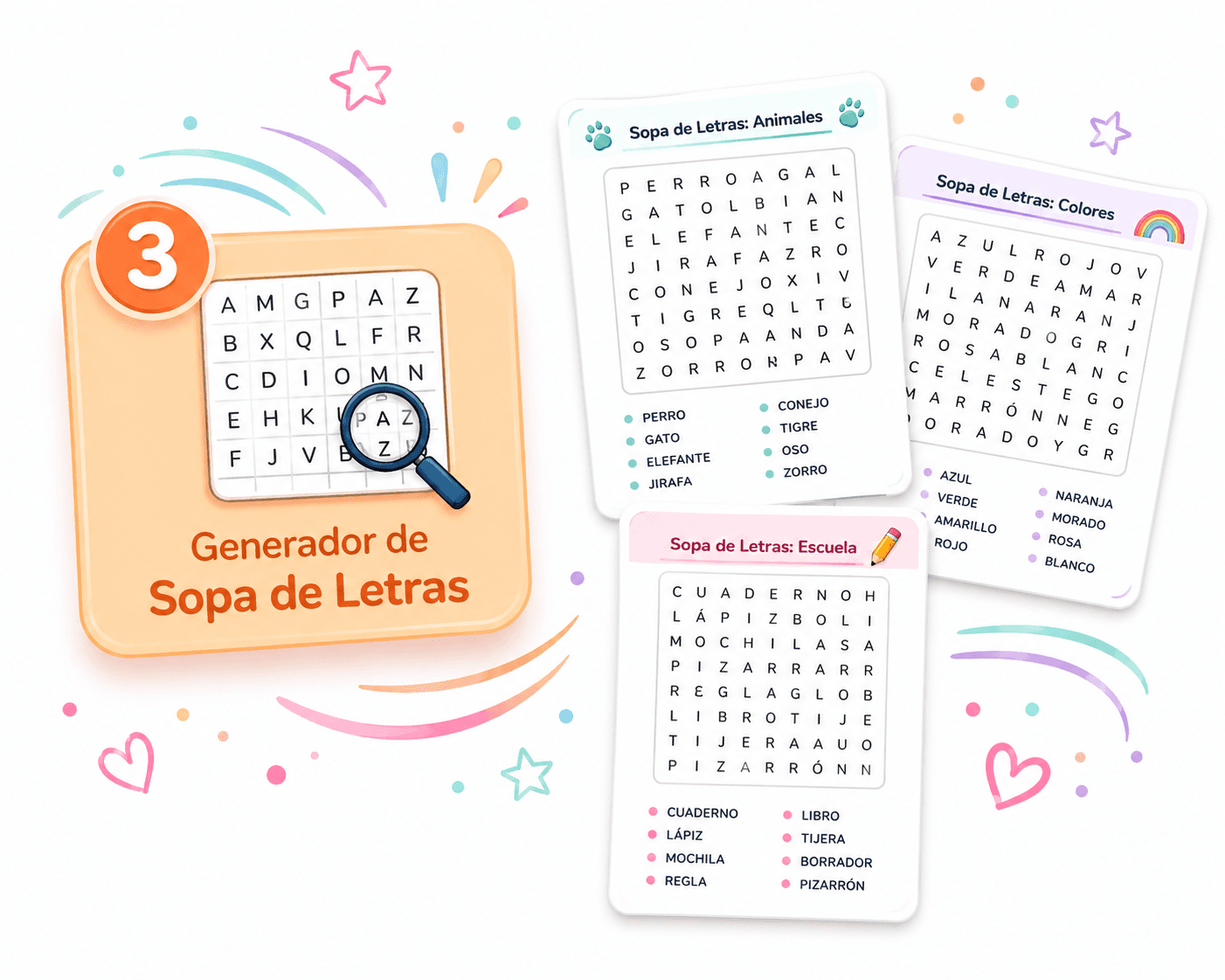 Generador de Sopa de Letras con ejemplos de animales, colores y objetos escolares