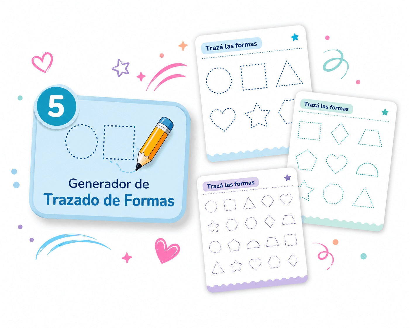 Generador de Trazos de Formas con hojas de círculos, triángulos y estrellas punteadas