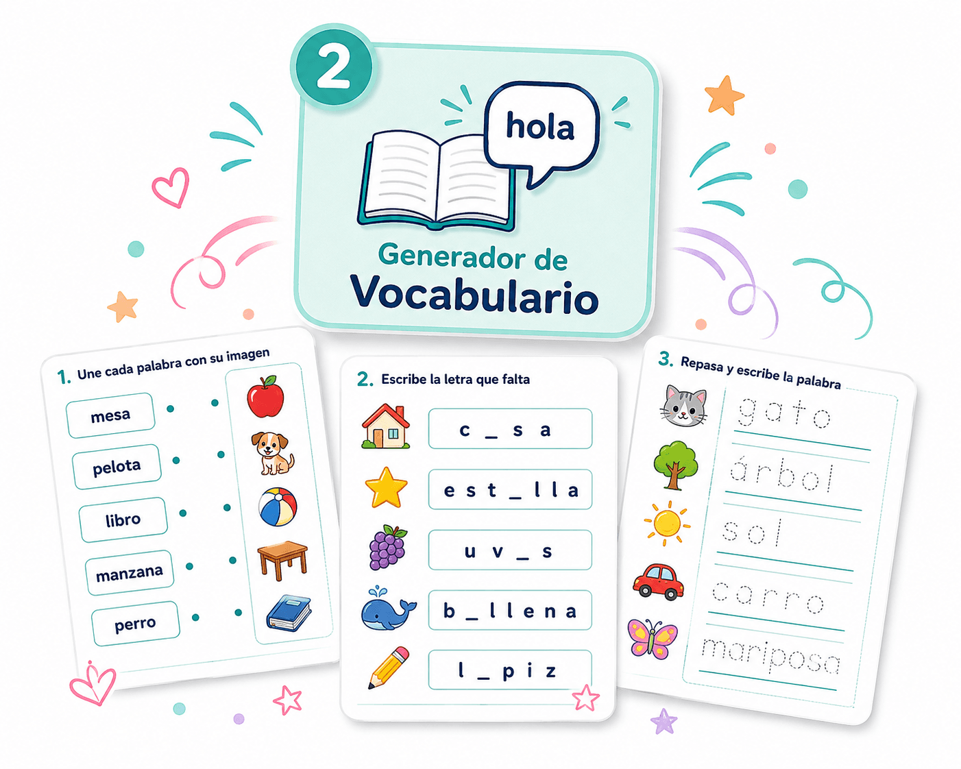 Generador de Vocabulario con hojas para unir palabra con imagen y completar letras