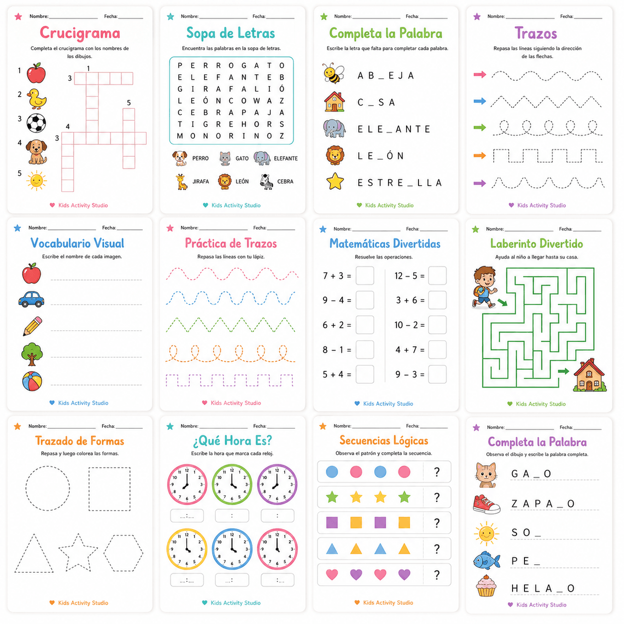 Doce hojas de actividades generadas: crucigrama, sopa de letras, completar la palabra, trazos, vocabulario visual, matemáticas, laberinto, trazado de formas, reloj y secuencias lógicas